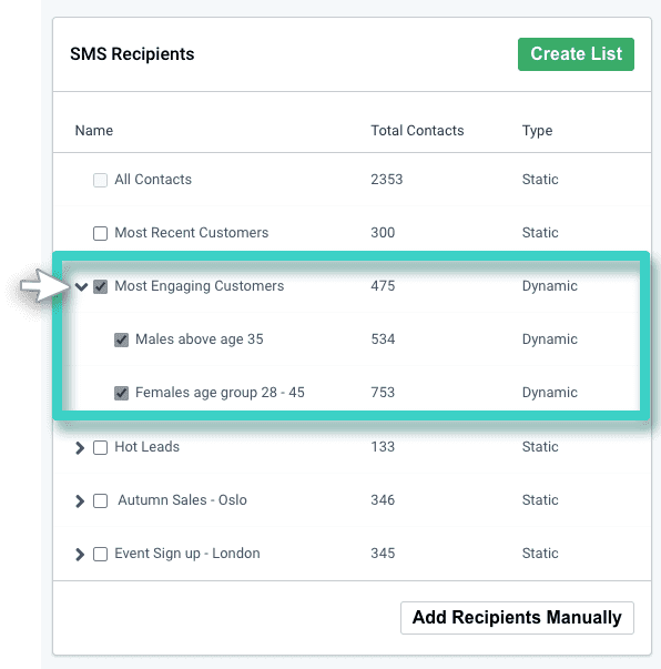 SMS with Survey, SMS recipients. Create list button highlighted