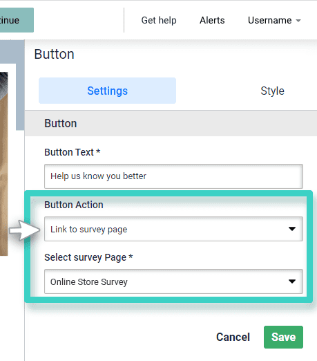 Survey redirect button. Link to survey page is highlighted
