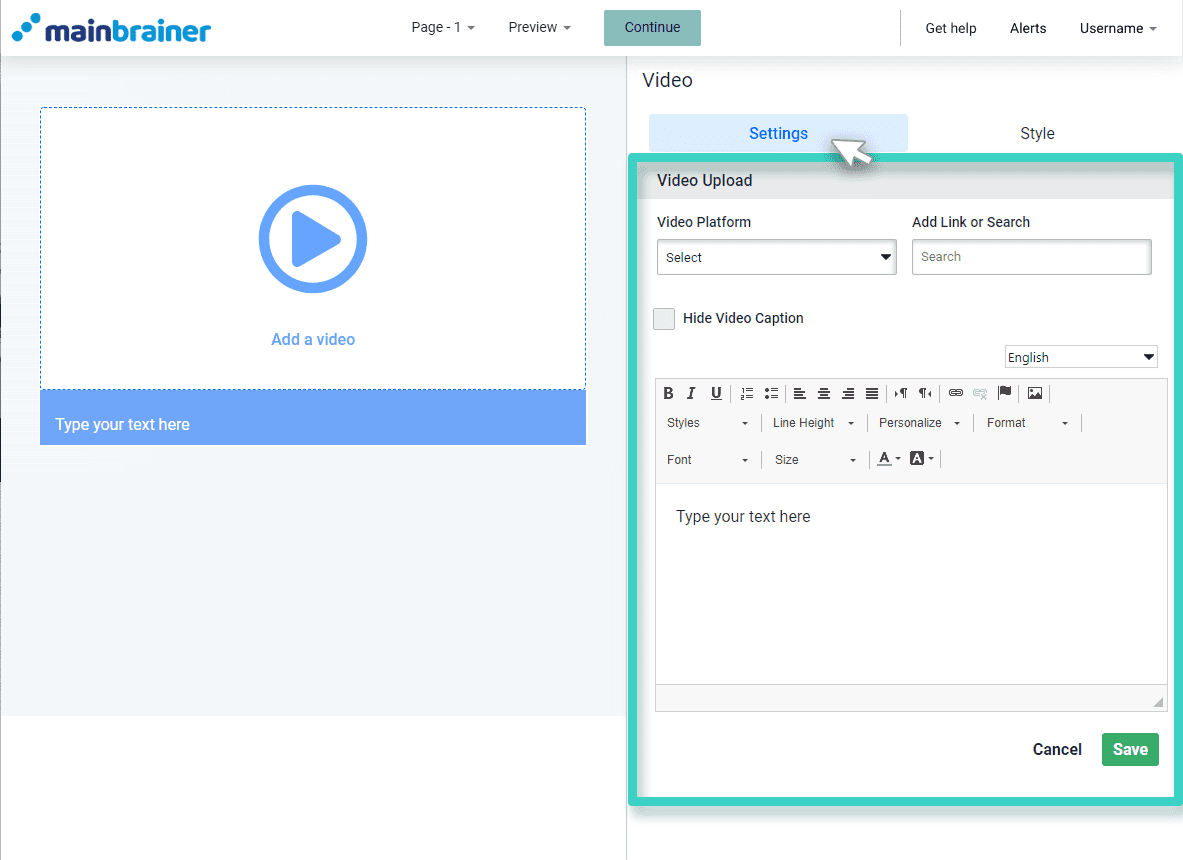 Survey video widget. Video widget settings tab is highlighted