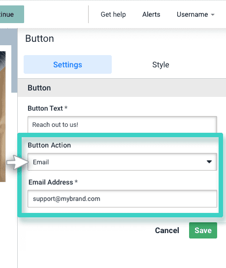 Survey redirect button. Email button action is highlighted