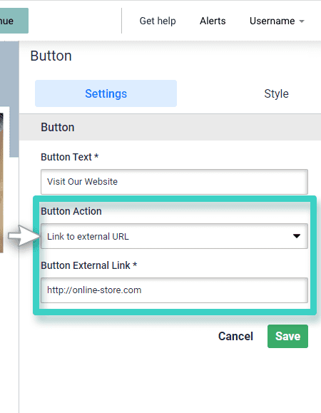 Survey redirect button. External URL button action is highlighted