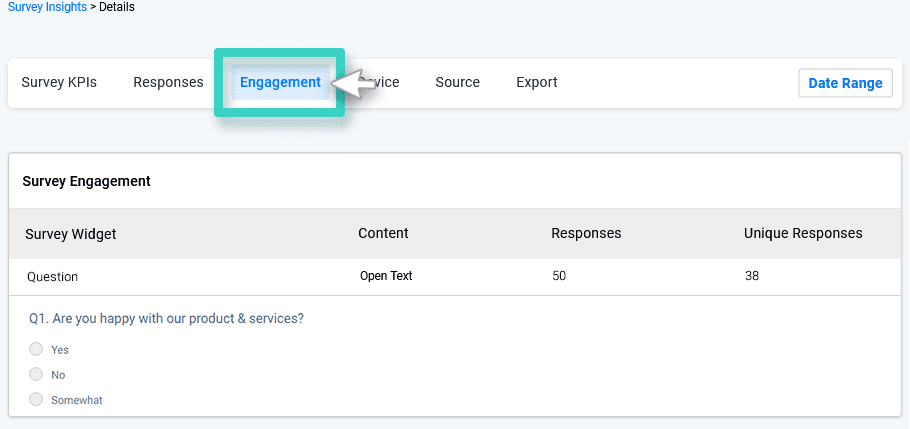 Survey KPIs. Engagement tab is visible
