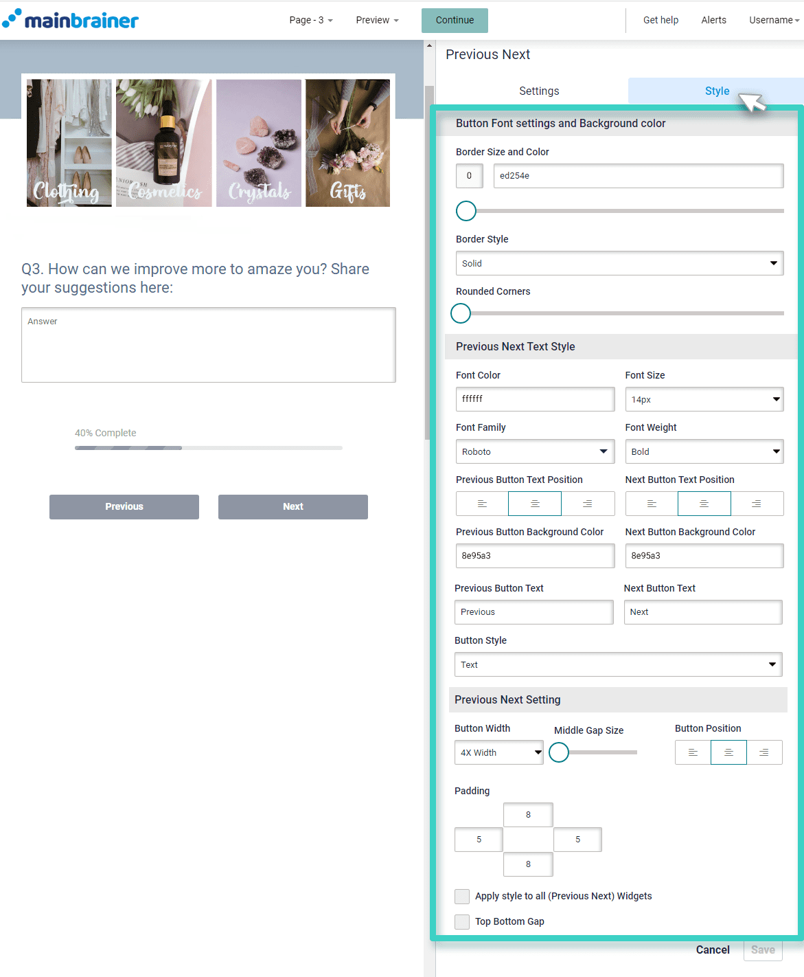 Survey Pevious/Next widget. The Style section is highlighted