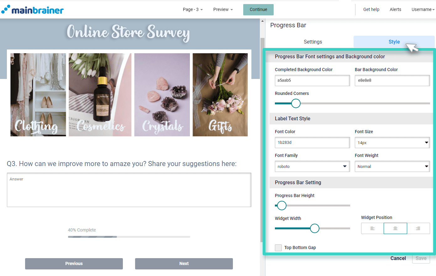 Survey progress bar. The style tab is highlighted