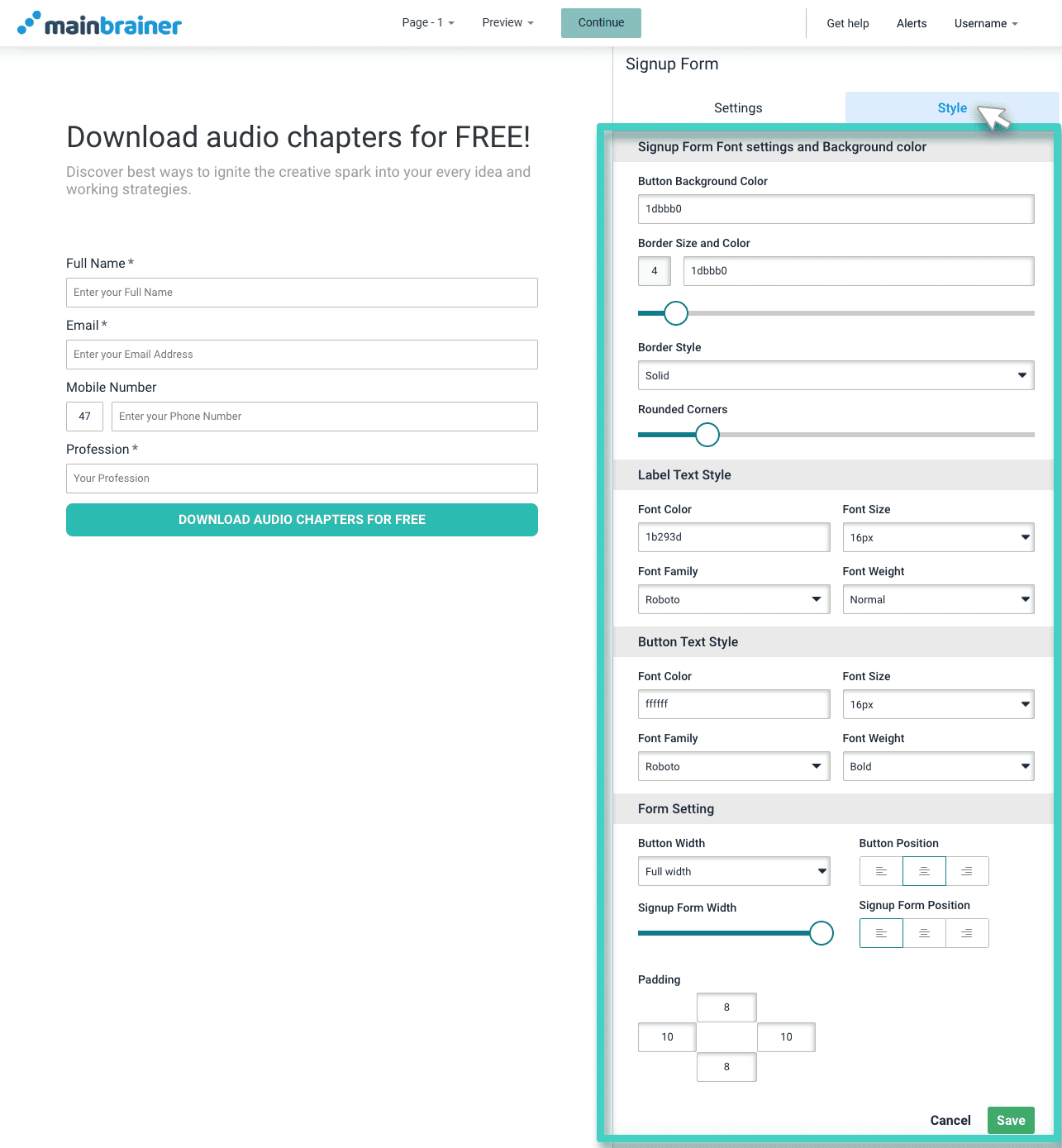 Survey signup form. The signup form widget style tab is highlighted