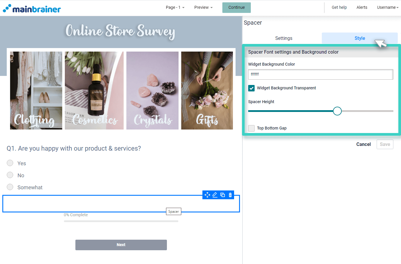 Survey Spacer Widget styling tab