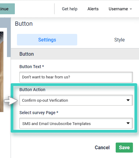 Survey redirect button. Confirm opt-out action