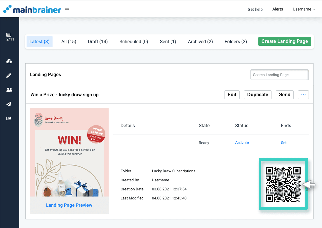 Landing Page listing. QR Code is operational