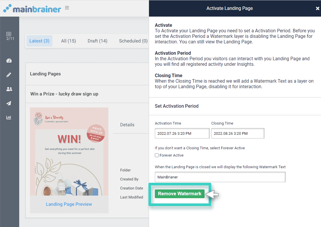 Activate Landing Page. Remove Watermark is highlighted