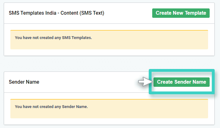 Creating new SMS Sender name and SMS template screen