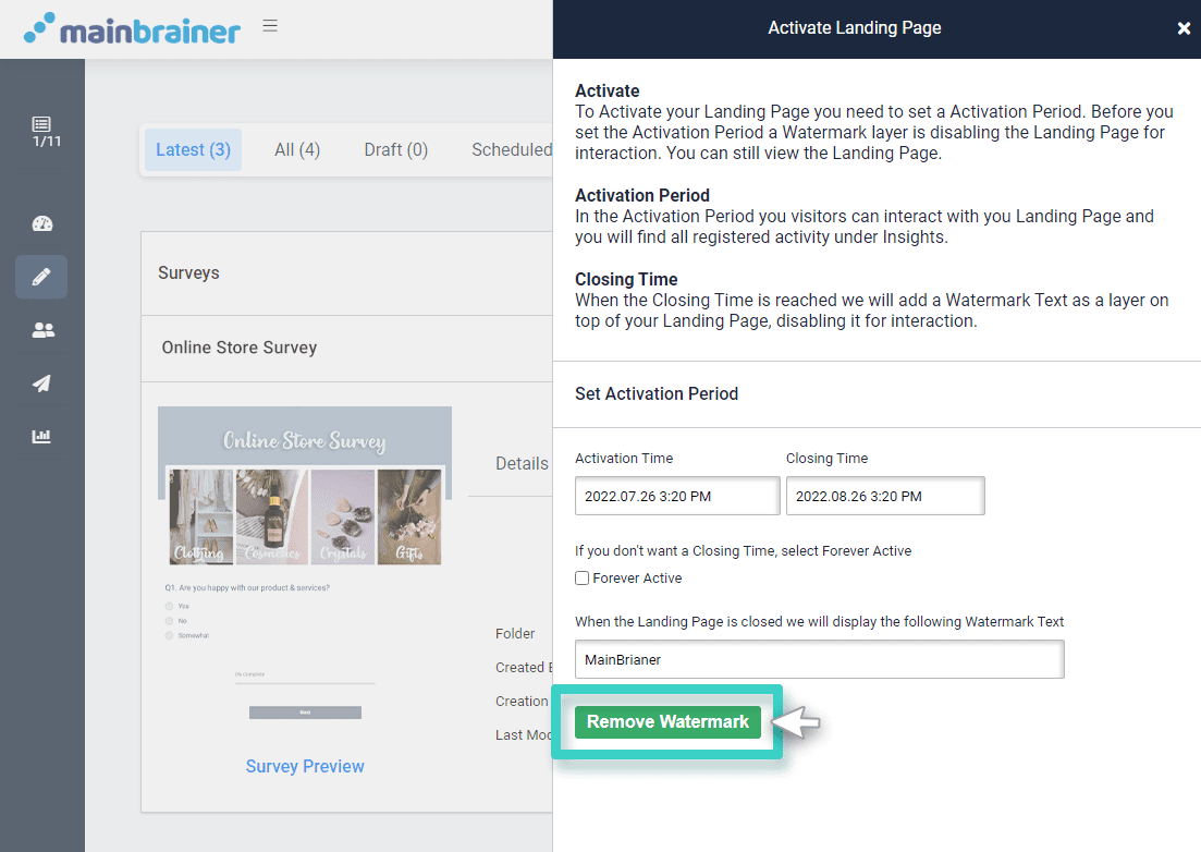 Activate Survey page. Remove Watermark is highlighted