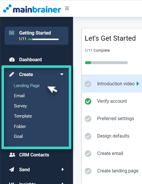 New landing page, create menu. Landing page is highlighted