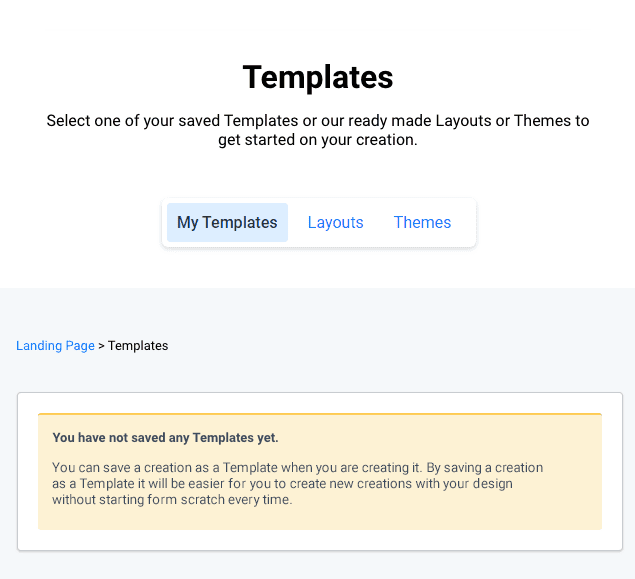 New landing page, templates. There is a no saved templates message