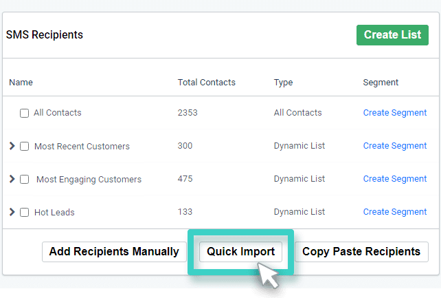 SMS Quick Import option. Quick Import is highlighted